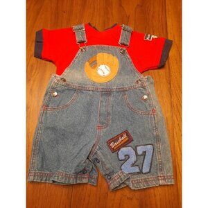 Vintage Simply Basic Baby Denim Short Overalls w/Shirt 12M Baseball Batter Up